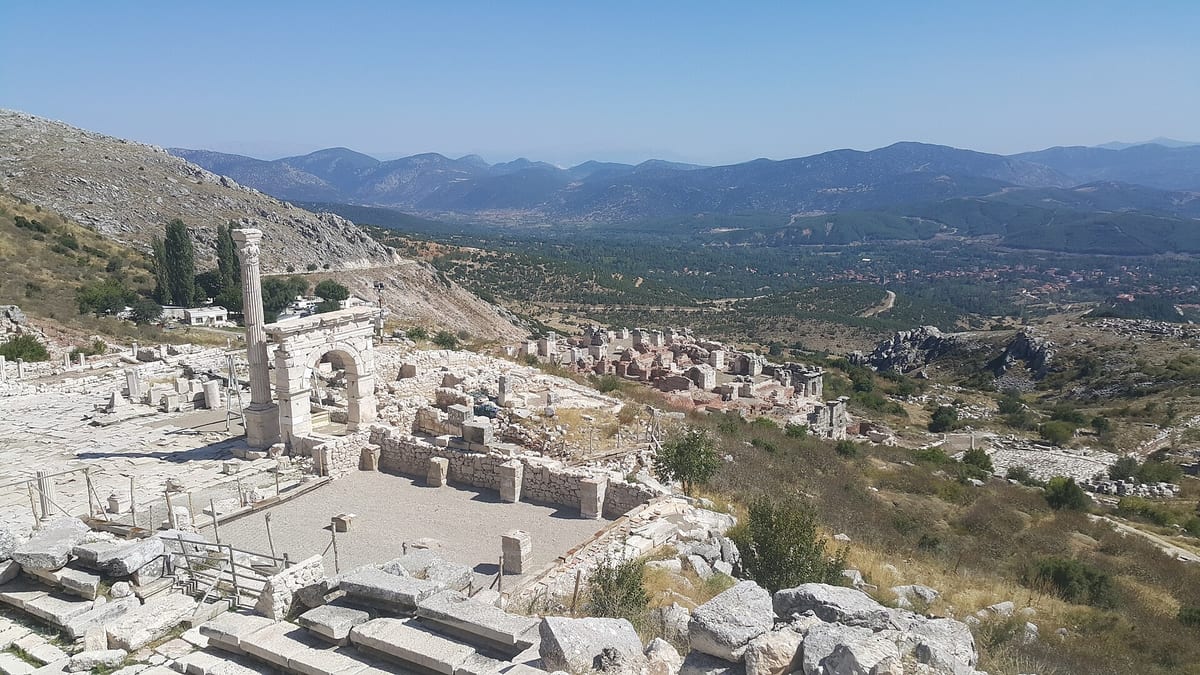 Mountain ruins and restored fountain area at Sagalassos